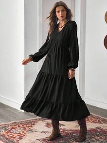 LanaWest Women's Autumn Bohemian Casual Vacation Style Rust Brown Design V-Neck Long Sleeve Patchwork Dress