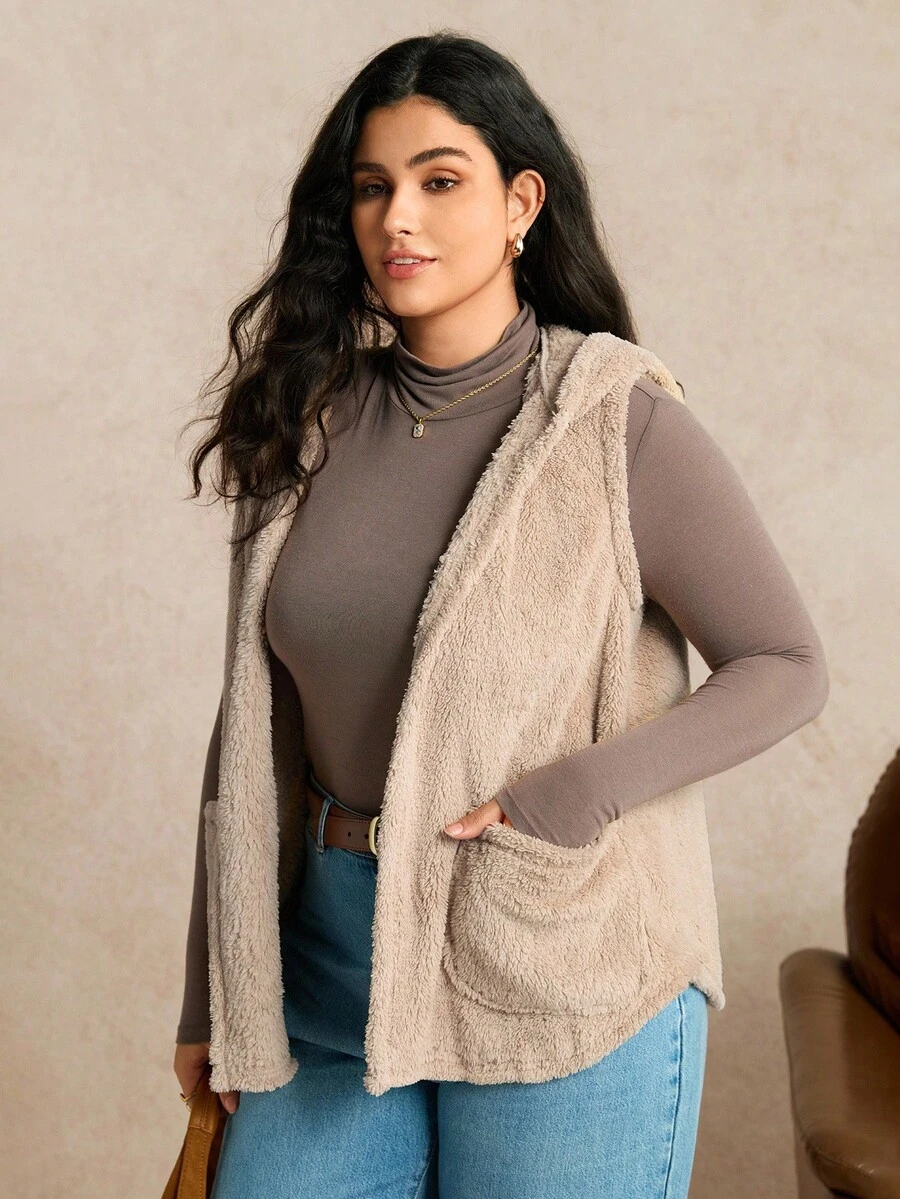 EMERY ROSE Plus Size Casual Solid Color Sleeveless Hooded Jacket, Suitable For Autumn/Winter - Apricot - View 1