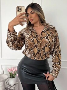 Xyvia 25+ Women's Vintage Classic Animal Print Snake Pattern Button Down Loose Long Sleeve Shirt Blouse, Suitable For Daily Commute, Autumn/Winter - Multicolor - View 3