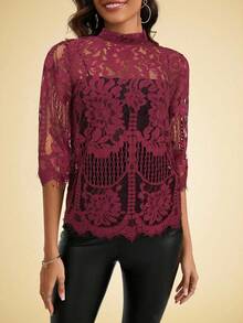 Amorya Women's Spring Stand Collar Lace Top