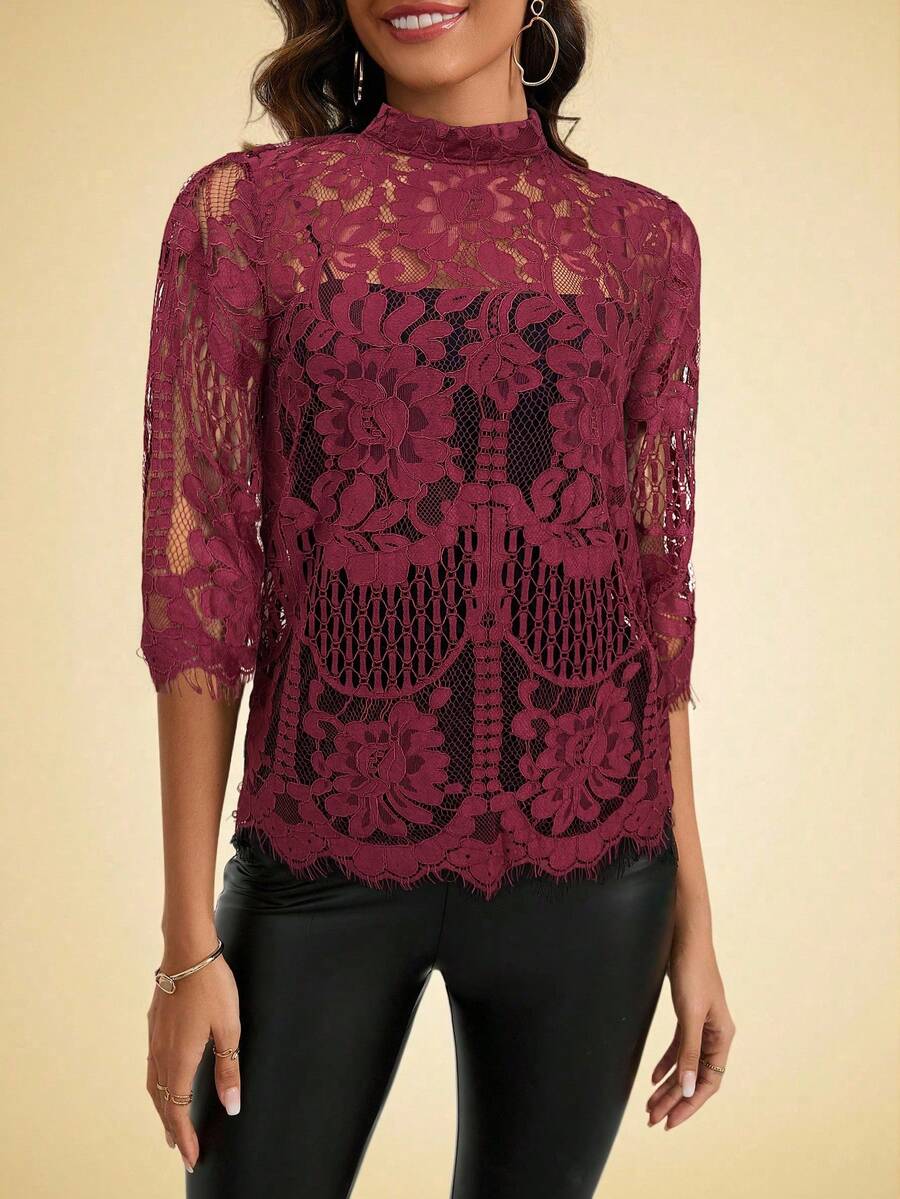 Amorya Women's Spring Stand Collar Lace Top