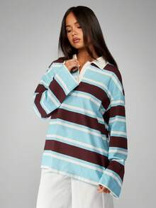 MISSGUIDED Cotton Retro Stripe Rugby Polo Oversized Long Sleeve Collared Pullover Autumn Winter Casual Weekend Loungewear Preppy Relaxed Fit Classic - Multicolor - View 5