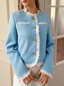 Aveloria Jaqueta Curta Elegante e Doce de Estilo Francês Retrô - Azul e Branco - Visão 5