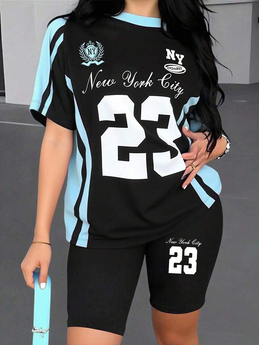 SHEIN 女士休闲时尚创意数字 23 和字母图案印花 T 恤和自行车短裤套装 纽约服装 女士运动服 女士 Y2k 运动服 女士运动服套装 两件套运动服套装 女士 Y2k 运动服 女士两件套运动服 女士纽约都市服装 女士两件套运动服 女士纽约都市运动服 - 彩色 - 查看 1