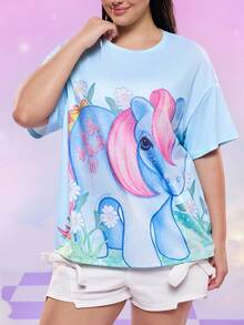 My Little Pony X SHEIN Áo thun tay ngắn in hình ngựa con dễ thương cỡ lớn, mùa hè - Màu xanh lam - Xem 3