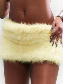 SUMWON WOMEN Fluffy Faux Fur Mini Skirt Winter Party Club Festival Clubwear Costume Y2K Fashion Rave Wear Holiday NYE Skirt - Light Yellow - View 3