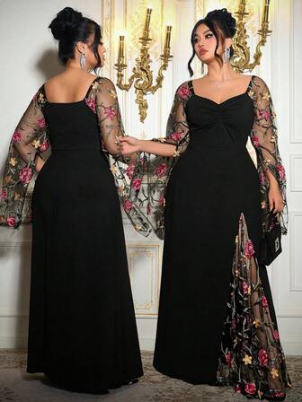 Roveilla Abito aderente in stile francese elegante con ricamo in rete, adatto per feste, primavera/autunno, taglie comode