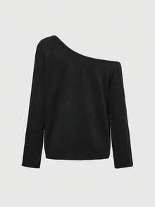 ROMWE Avant Áo len dệt kim họa tiết Halloween chéo vai cỡ lớn cho nữ, vải jacquard hình mèo đen - màu đen - Xem 2