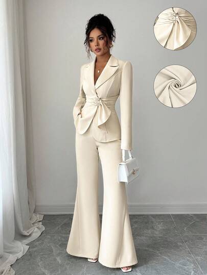 Elenzga Conjunto de traje elegante y de moda para mujer, con pantalones acampanados de unicolor, de manga larga, con cuello de solapa, cintura plisada y bajo acampanado