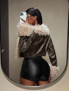 Slaydiva 2025 Autumn And Winter New Street Casual Brown Fitted PU Splicing Fur Collar Long Sleeve Cropped Women Jacket, Suitable For Daily Travel, Commuting, Party Gatherings, Festivals, Travel, Casual Street, Back To School, Hot Girls, Nightclubs-A