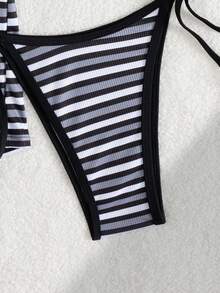 SHEIN Swim 3pcs/Set Women's Sexy Summer Vacation Rainbow Stripe Print With Trim Contrast Color Bikini Set