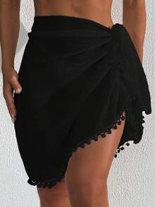 Swim Vcay Beach Vacation: Tassel Pom Pom Boho Style Cover-Up Mini Skirt For Summer - Black - View 6