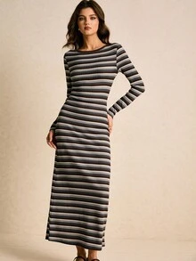 Poéselle 女士连衣裙、针织条纹、长袖连衣裙、长款连衣裙、休闲条纹连衣裙、家居连衣裙女士休闲通勤条纹修身长裙条纹长裙长袖条纹连衣裙长袖连衣裙修身长裙女士冬装女士连衣裙秋冬舒适女士秋冬装圣诞新年连衣裙感恩节服装 - 彩色 - 查看 3