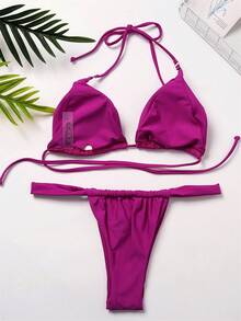 Swim Basics Summer Beach Triangle Cup Halter Solid Color Separated Bikini Set - Red Violet - View 3
