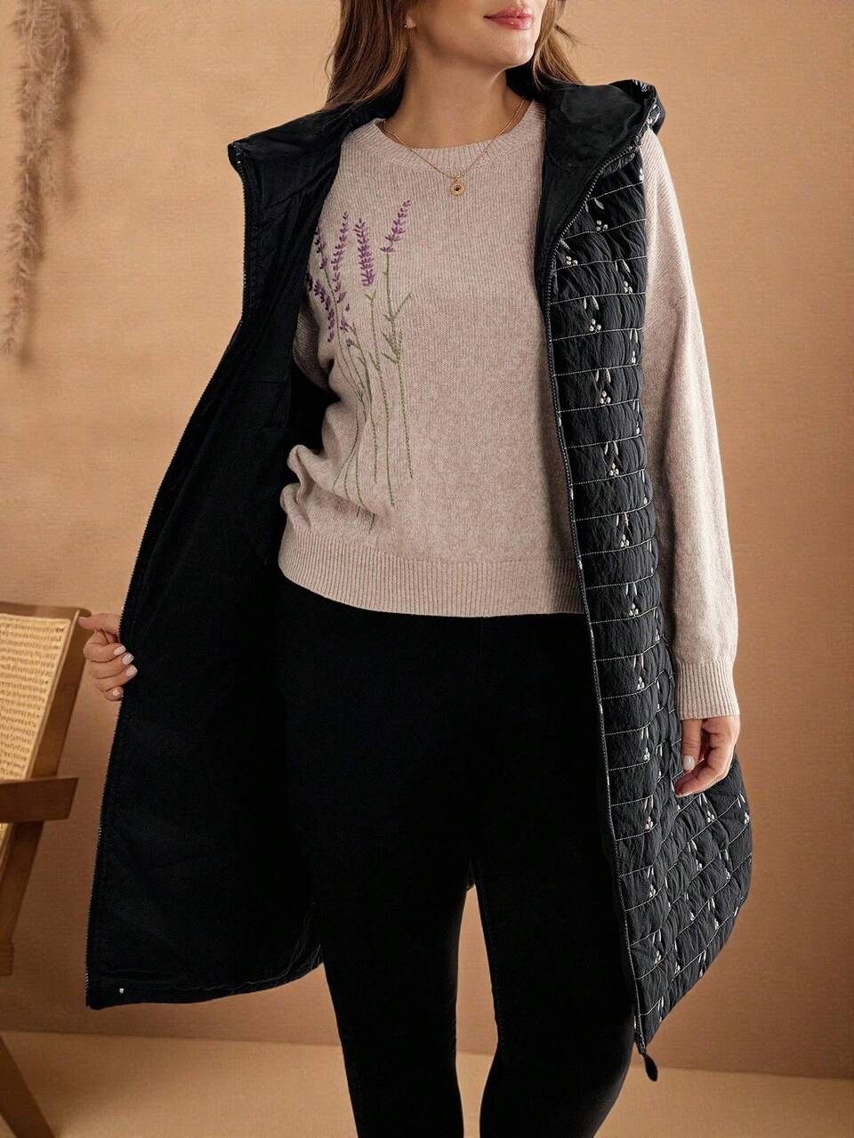 Plus Size Women's Elegant Black And White Floral Embroidery Hooded Sleeveless Jacket,Casual Hiking Padded Coat,Warm Winter Autumn Fall Clothes