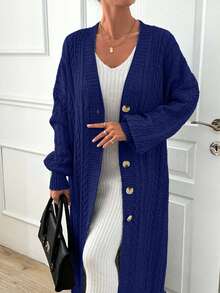 EURMUSE Women's Casual Solid Color Dropped Shoulder Loose Lantern Sleeve Cable Knit Extra Long Cardigan, Autumn/Winter,Petite Cardigans,Cardigans - Navy Blue - View 6