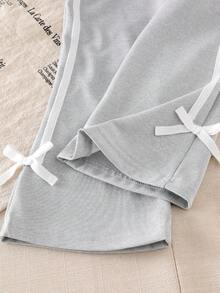 2 peças/Conjunto Jaqueta com Capuz de Malha Cinza com Laço e Calça Flare para Meninas Jovens, Conjunto Esportivo Casual para Outono e Inverno - Cinza - Visão 5