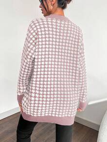 EURMUSE Women's Casual Houndstooth Pattern Dropped Shoulder Loose Button-Up Cardigan, Autumn/Winter,Long Cardigans Woman,Petite Cardigans,Cardigans - Dusty Pink - View 2