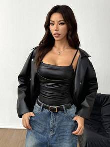 Lumivelle Women Sexy Minimalist High Stretch PU Leather Tank Top, Angola Red, Hottie Camisole