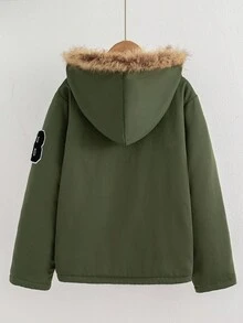 Genkimix Kids 1pc Boys' Autumn/Winter New English Letter Printed Military Green Front Pocket Zipper Hooded Thickened Casual Windbreaker Coat Fall - Army Green - View 2