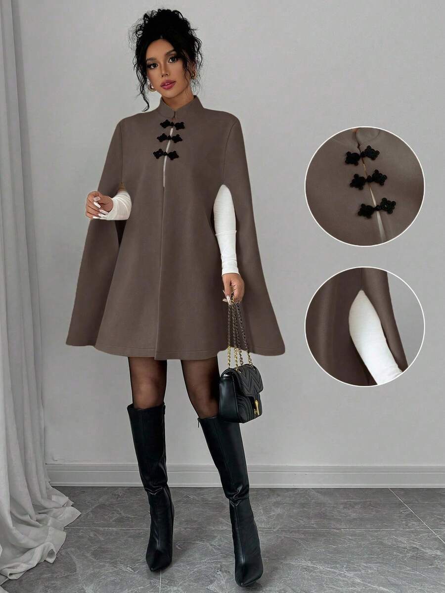 Rafferiza Áo choàng Poncho kiểu Trung Hoa cổ đứng thanh lịch màu tương phản dành cho nữ, vải len dày, mùa thu/đông - Màu nâu Mocha - Xem 1