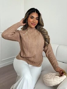 Xyvia Áo len chui đầu tay dệt kim màu kaki xoắn dây gợi cảm dành cho nữ, mùa thu/đông - Màu Khaki - Xem 1