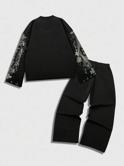 Street Life 2pcs Men Street Graphic Print Sweatshirt Set, Autumn/Winter