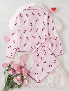 少女粉色心形条纹印花法兰绒面料睡衣套装，长裤和长袖，时尚舒适的家居服 - 粉色 - 查看 2