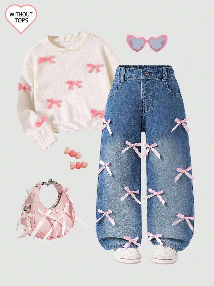 Denimly Young Girl' 寬腿牛仔褲,1件藍色夏季返校休閒學院風,可愛3D粉色蝴蝶結裝飾,寬鬆舒適版型長褲 - 深色水洗藍 - 查看 1