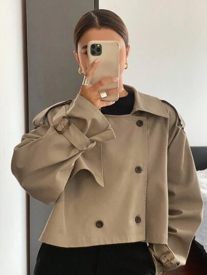 Livesso Áo khoác trench coat ngắn thường ngày cho nữ, áo khoác mới về mùa thu