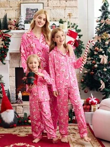 圣诞节少女蝴蝶结印花长袖纽扣上衣和裤子睡衣套装 - 彩色 - 查看 6