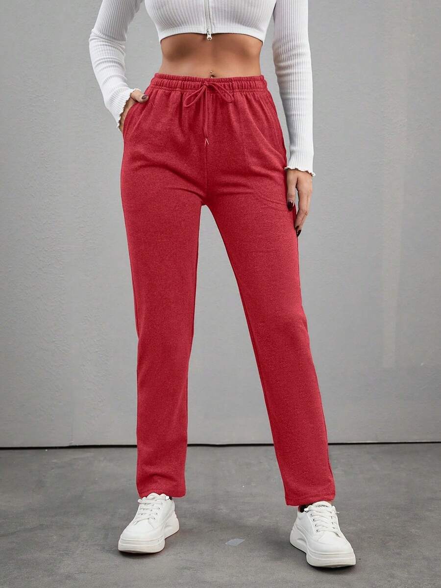 RueChic Solid Drawstring Waist Sweatpants - Burgundy - View 1