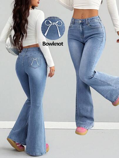 SHEIN Teen Girls Y2K Casual Light Washed Elegant Embroidered Flared Washed Denim Jeans With Bow Design,Halloween Costumes,Fall Clothes,Christmas Pants,Fall Outfits,Girls Fall Winter Back To School Homecoming Jeans,Girls Pants Streetwear Vintage Outfits,Comfortable And Versatile, For 13-16 Years Old Girls, Suitable For School, Home And Travel,EMBROIDERY JEANS PANTS