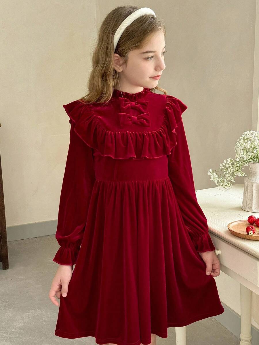 LMoss Kids LMoss 少女纯色荷叶边针织休闲连衣裙,荷叶边系领连衣裙,酒红色女童连衣裙,酒红色优雅长袖连衣裙,秋冬连衣裙,秋冬服装 - 紅色 - 查看 1