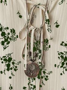 Linhara 大码女式前系带印花休闲衬衫和纯色阔腿裤套装 - 綠色 - 查看 3