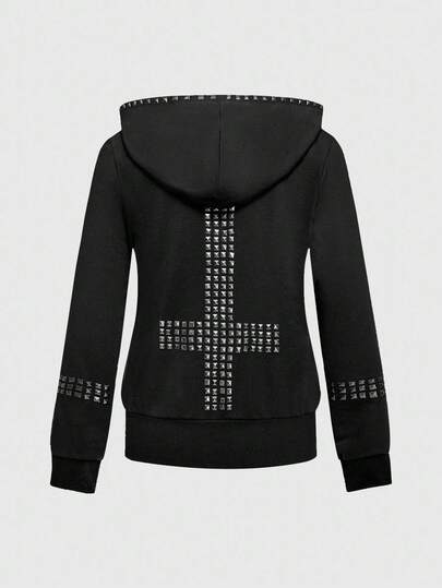 Grunge Punk Y2K Punk Hot Girl Cross Rivet Rhinestone Embellished Women Hooded Sweatshirt Sweatshirt