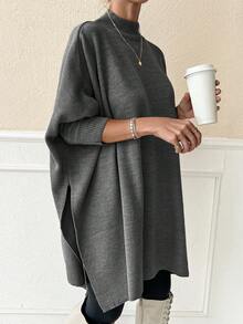EURMUSE Women Solid Color Mock Neck Half Sleeve Oversize Pullover - Grey - View 4