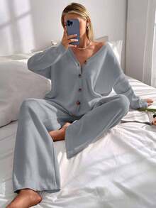 EURMUSE Drop Shoulder Cardigan & Tie Front Knit Pants Linen - Light Grey - View 6