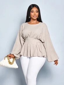 SOLERSUN Women's Plus Size Fashion Solid Color Loose Casual Outing Deep Pleated Bat Sleeve Long Sleeved Shirt Loose Casual Shirt Tops,Crop Tie Back Blouse Women's Solid Color Round Neck Belted Long Sleeve Blouse Autumn/Winter Women Clothes