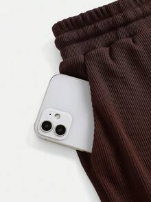 Girlism 2 件套 Tween 女童灰色罗纹针织长袖连体裤上衣和阔腿裤，舒适休闲装