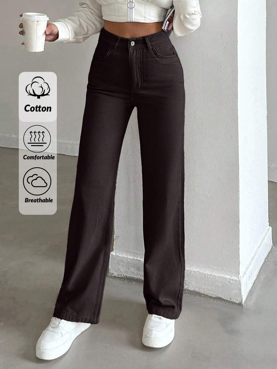 EURMUSE 100%Cotton HIGH RISE BEIGE WIDE LEG PETITE SIZE JEAN - Dark Grey - View 1