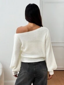 SHEIN PETITE Suéter de mujer con hombros en diagonal y costillas, manga larga, suéter con hombros descubiertos - Beis - Ver 2