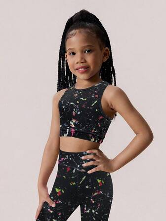 SHEIN 2pcs/Set Girls' Tie-Dye Print Crop Top And Leggings Yoga Outfit, Stretchy And Skin-Friendly Fitness Set