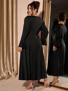 Cravure Plus Size Women's Rhinestone Embellished Flare Sleeve Dress, French Elegant Party & Everyday Wear - Black - View 2