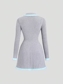 SHEIN Sweetro Women's Simple & Sweet Gray Long Sleeve Collared Knit Dress/Sweater, Autumn/Winter