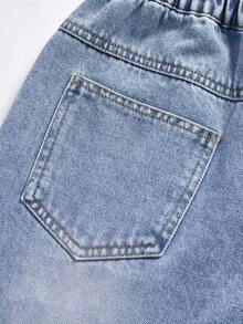 Elladie kids 女童水洗中蓝色做旧喇叭裤，柔软松紧腰带，百搭休闲度假街头服饰，轻盈春秋