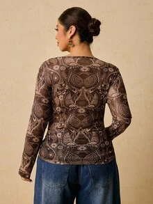SHEIN VCAY Plus Size Casual Bohemian Geometric Print Brown Floral Pattern Round Neck Long Sleeve Fitted Knit Base Layer Top T-Shirt