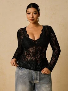 Freevana 大码浪漫性感黑色蕾丝V领长袖秋冬打底衫，适合派对、度假等场合 - 黑色 - 查看 4