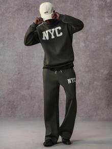 STYNVO Men's Letter Graphic Casual Loose Fit Hoodie & Pants Set, Fall Clothes Winter