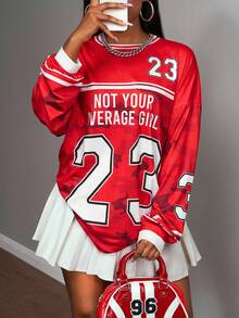 Slaydiva 2025 تي شيرت نسائي فضفاض للغاية بطبعة شعار رقمي 23 وألوان متناقضة، طراز رياضي كاجوال للشارع والمناسبات اليومية والمهرجانات الموسيقية، أكمام طويلة وياقة مستديرة، لون أحمر، مقاس كبير، كوستيوم هالوين، ملابس نسائية للبرانش والخروج - متعدد الألوان - مشاهدة 3